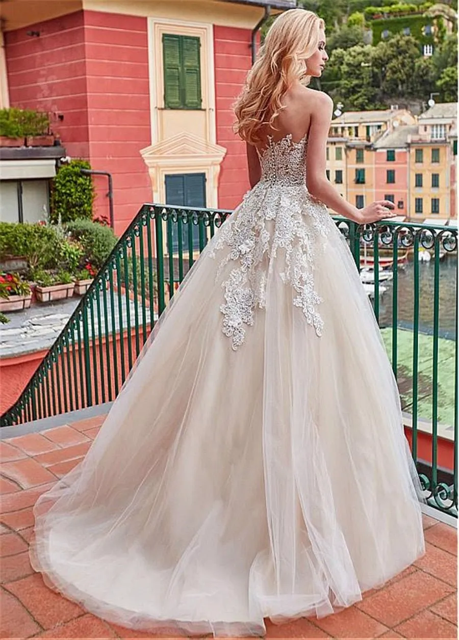 NumberSea Marvelous Tulle Jewel Neckline A-line Wedding Dress With Lace Appliques & 3D Flowers Champagne Bridal Gowns