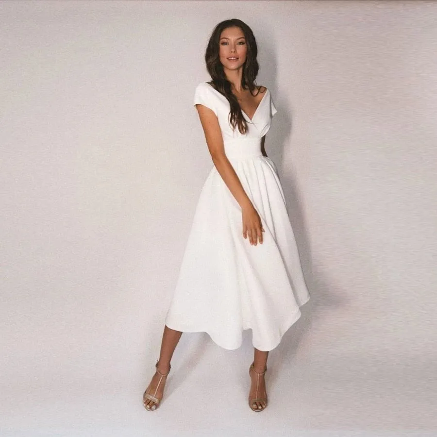 NumberSea Modest V-Neck Tea Length Short Sleeve Wedding Dresses Jersey A-Line Bridal Gowns with Pleats Vestidos De Novia