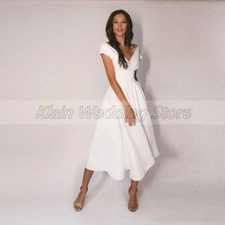 NumberSea Modest V-Neck Tea Length Short Sleeve Wedding Dresses Jersey A-Line Bridal Gowns with Pleats Vestidos De Novia