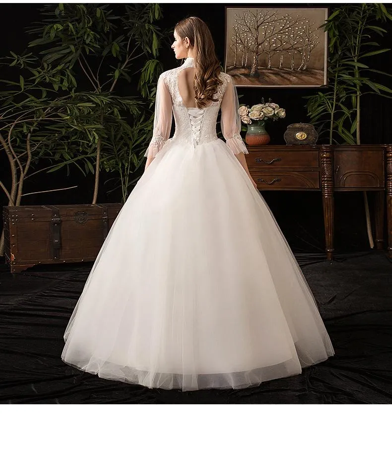 NumberSea New High Neck Three Quarter Sleeve Wedding Dress Sexy Illusion Lace Applique Plus Size Vintage Bridal Gown Robe De Mariee L