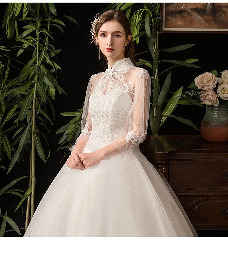 NumberSea New High Neck Three Quarter Sleeve Wedding Dress Sexy Illusion Lace Applique Plus Size Vintage Bridal Gown Robe De Mariee L