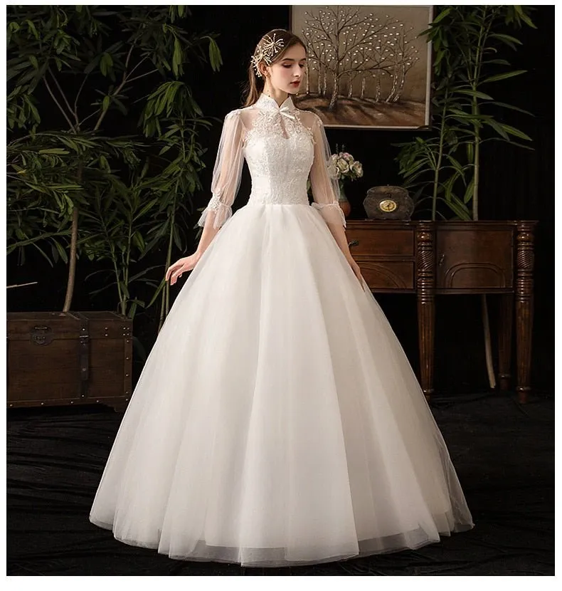 NumberSea New High Neck Three Quarter Sleeve Wedding Dress Sexy Illusion Lace Applique Plus Size Vintage Bridal Gown Robe De Mariee L