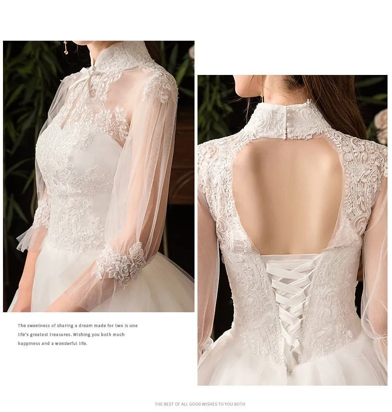 NumberSea New High Neck Three Quarter Sleeve Wedding Dress Sexy Illusion Lace Applique Plus Size Vintage Bridal Gown Robe De Mariee L