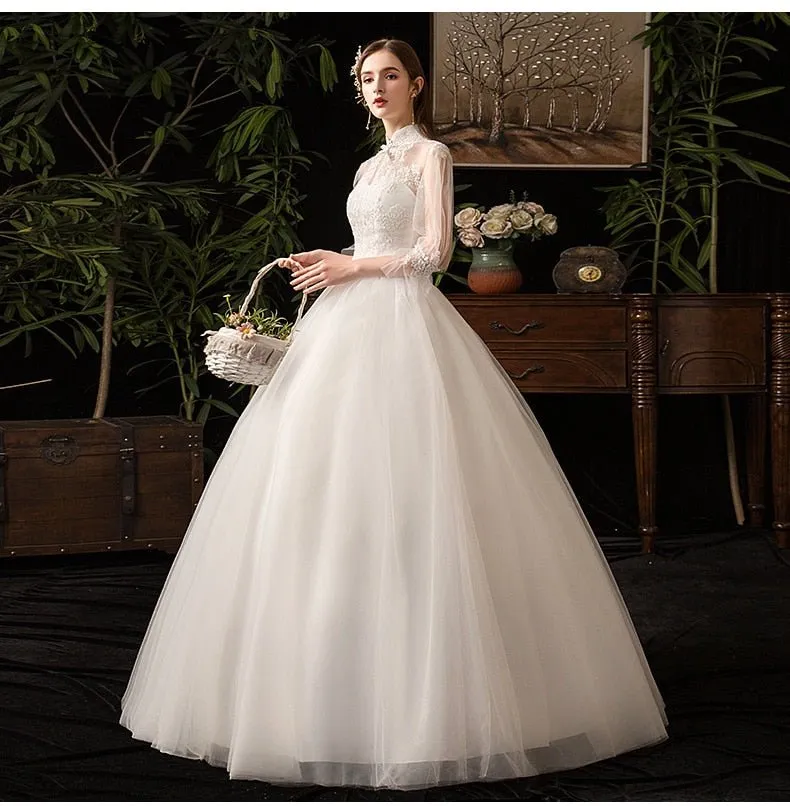 NumberSea New High Neck Three Quarter Sleeve Wedding Dress Sexy Illusion Lace Applique Plus Size Vintage Bridal Gown Robe De Mariee L