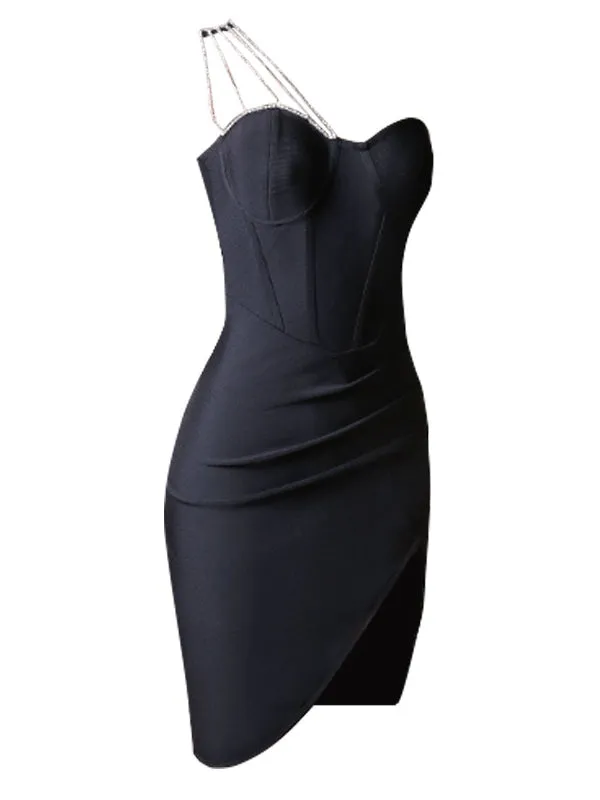 Nvuvu Total Appeal Black Ruched Chain One-Shoulder Bodycon Midi Dress