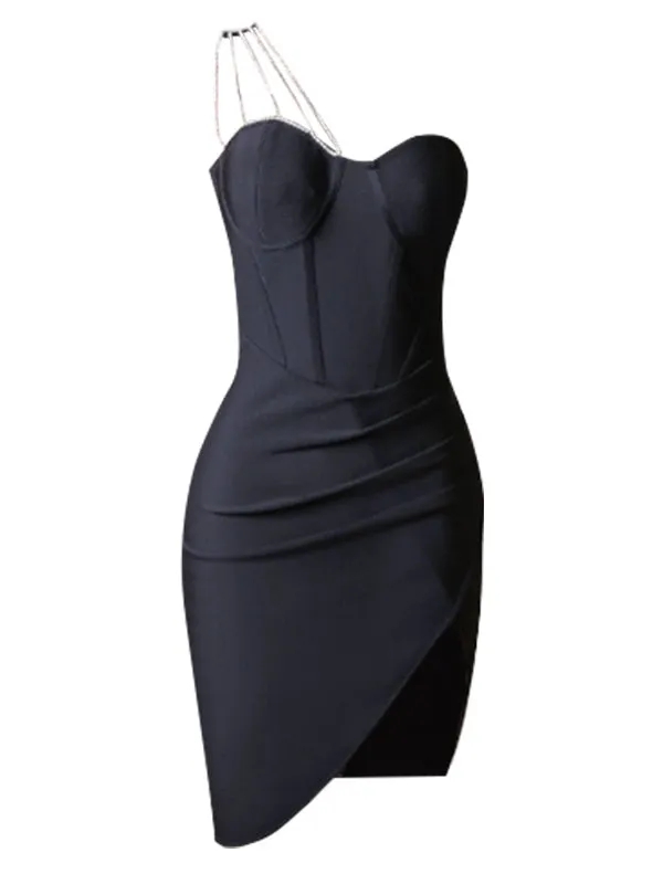 Nvuvu Total Appeal Black Ruched Chain One-Shoulder Bodycon Midi Dress