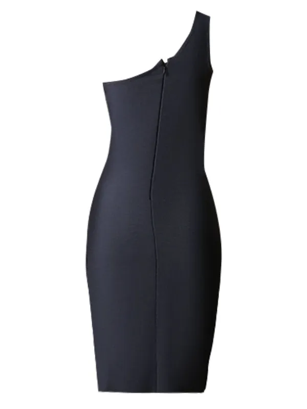 Nvuvu Total Appeal Black Ruched Chain One-Shoulder Bodycon Midi Dress