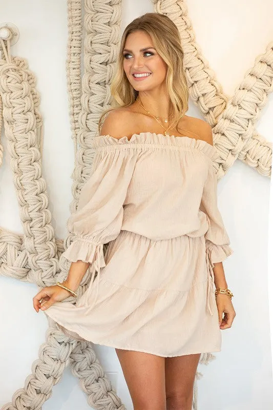 Off The Shoulder 3/4'' Sleeve Cotton Dress