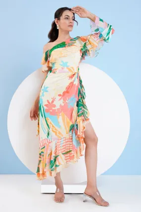 One Shoulder Printed Frill Dress