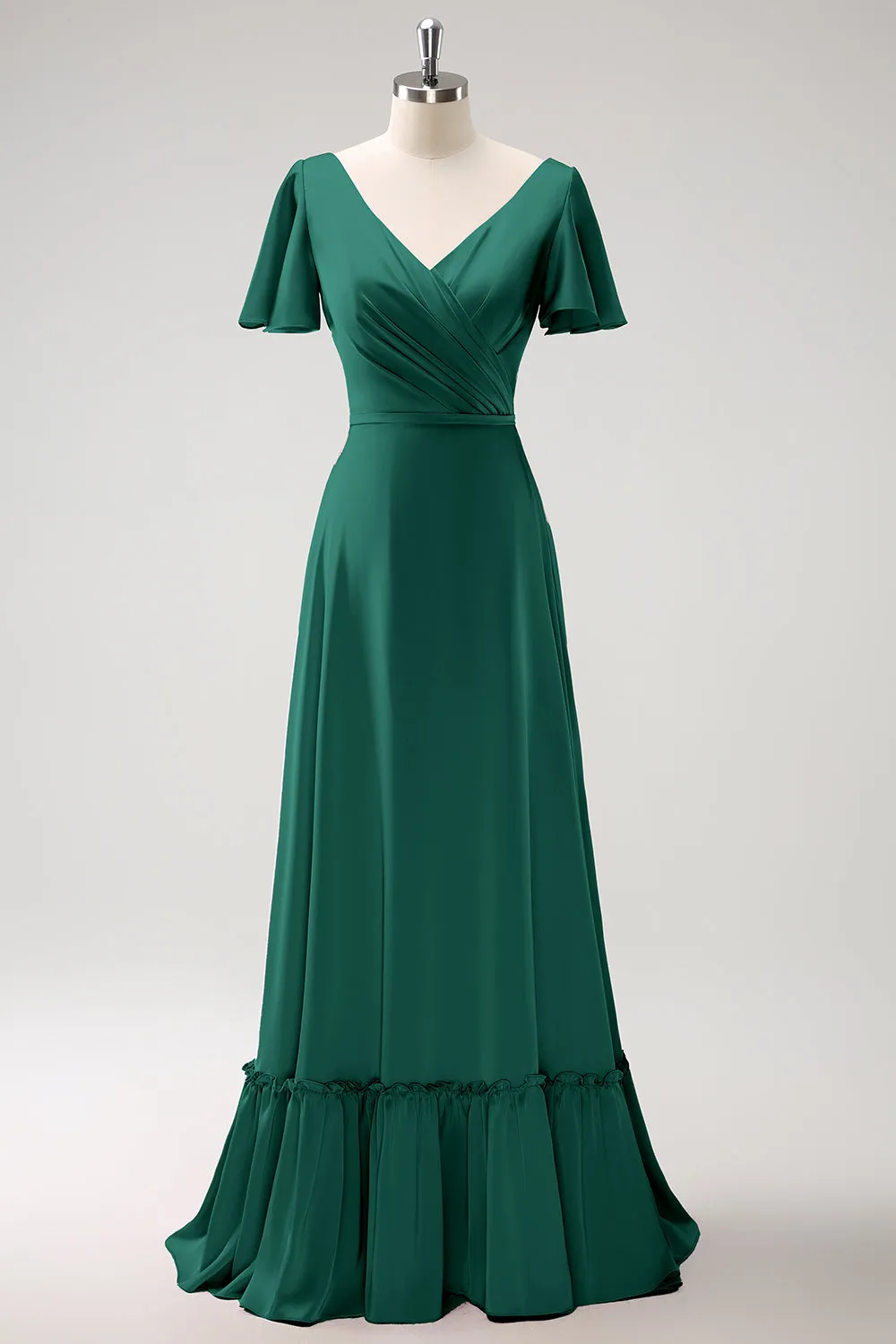Pink A Line Ruffle V Neck Satin Maxi Bridesmaid Dress with Short Sleeves