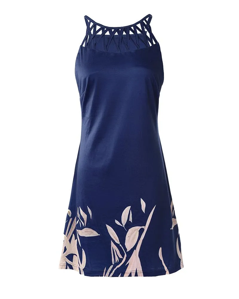 Plants Print Hollow Out Casual Dress