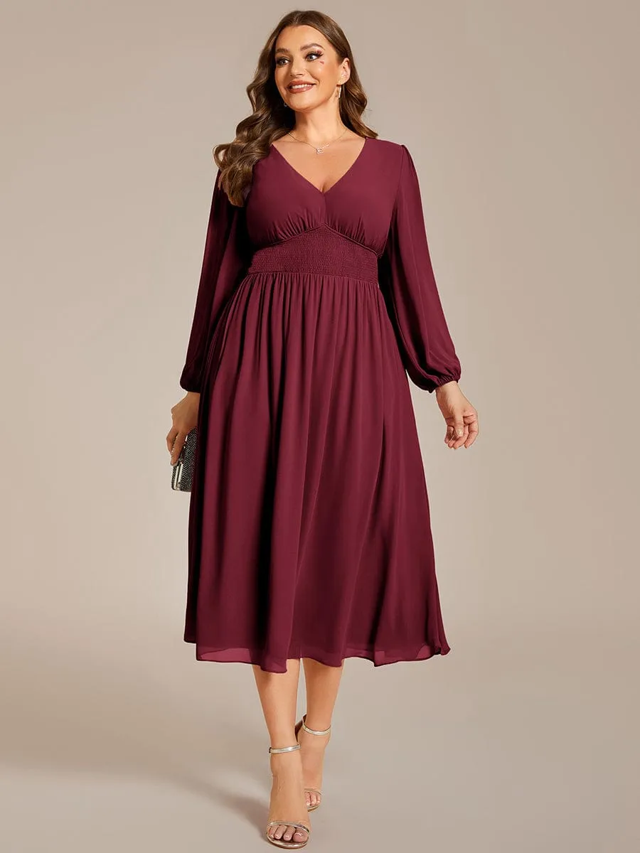 Plus Size Elegant V Neck Long Sleeves Midi Wedding Guest Dress