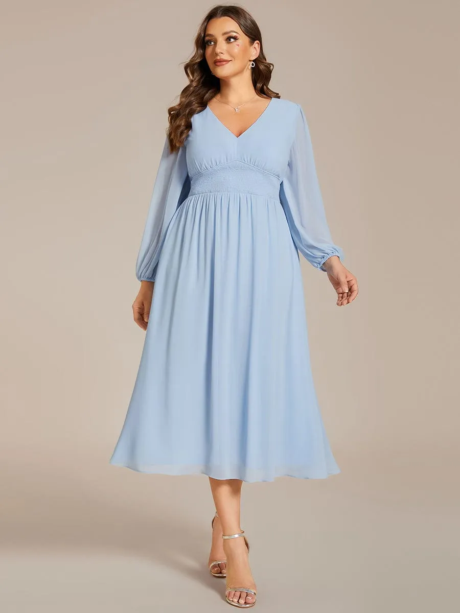 Plus Size Elegant V Neck Long Sleeves Midi Wedding Guest Dress