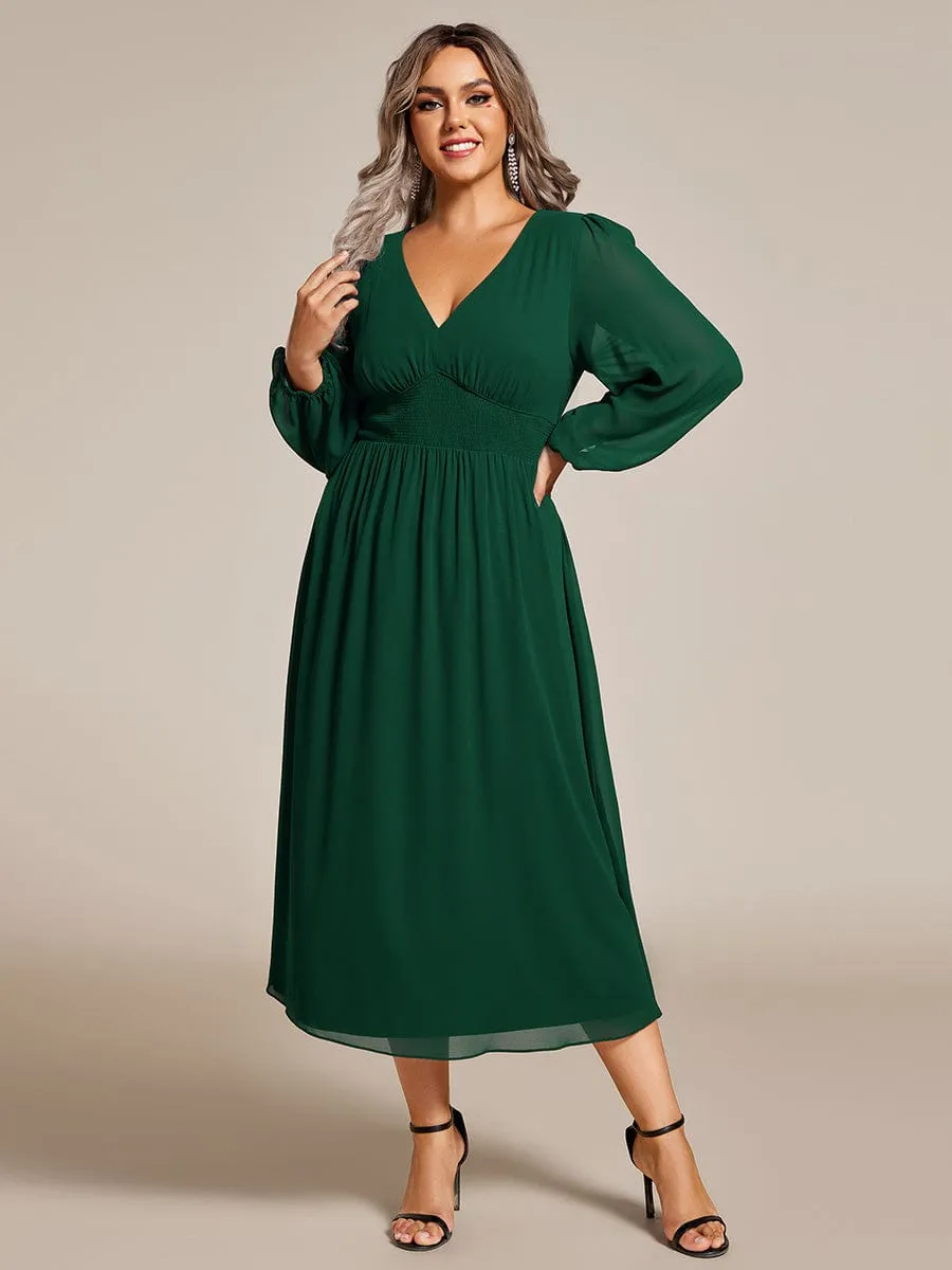 Plus Size Elegant V Neck Long Sleeves Midi Wedding Guest Dress