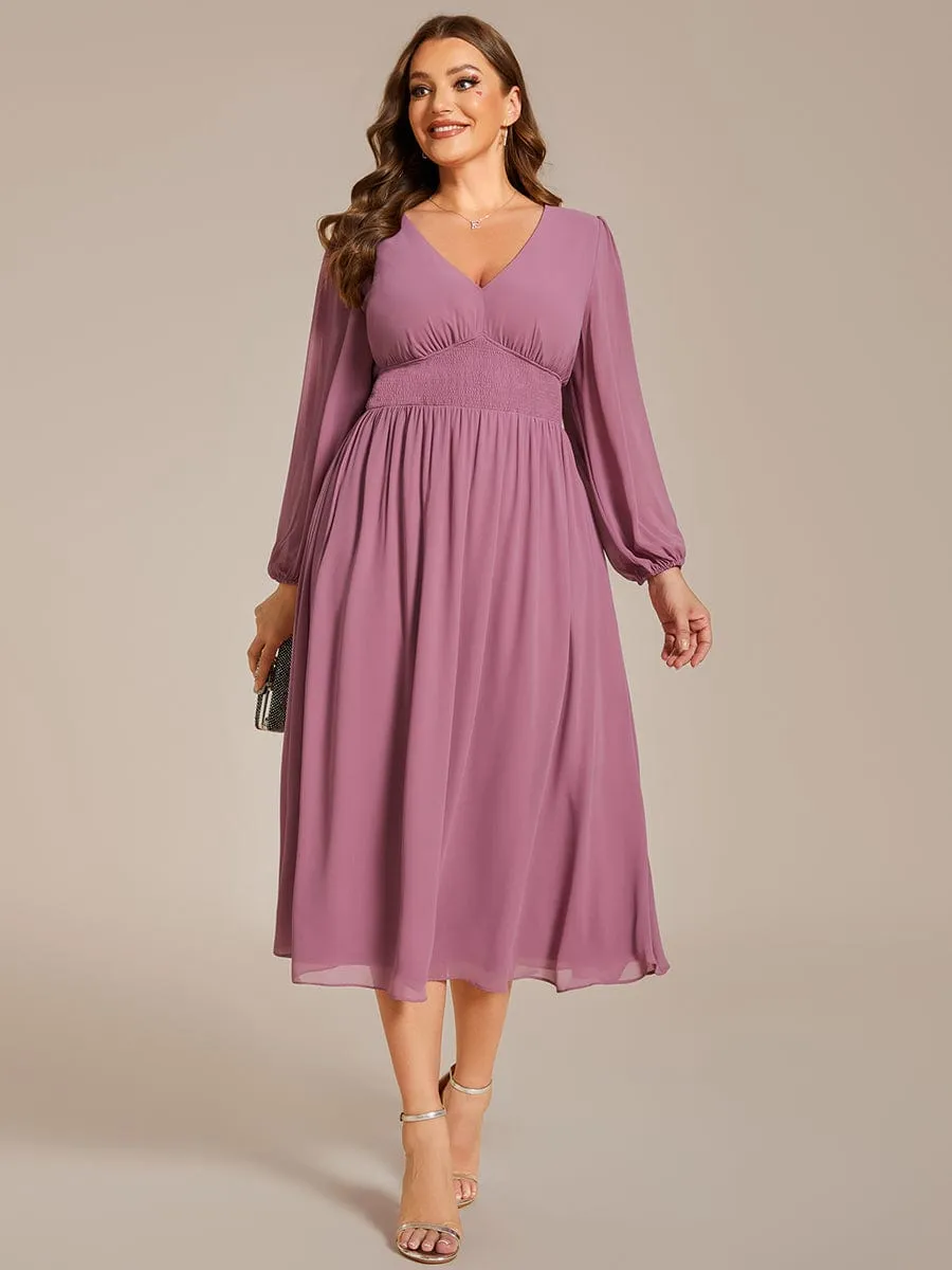 Plus Size Elegant V Neck Long Sleeves Midi Wedding Guest Dress