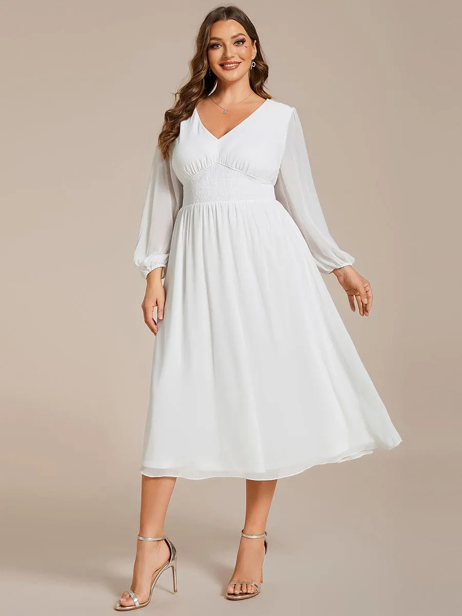 Plus Size Elegant V Neck Long Sleeves Midi Wedding Guest Dress
