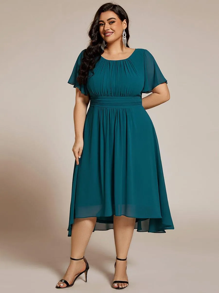 Plus Size Pleated Round Neckline A-Line Midi Chiffon Wedding Guest Dress
