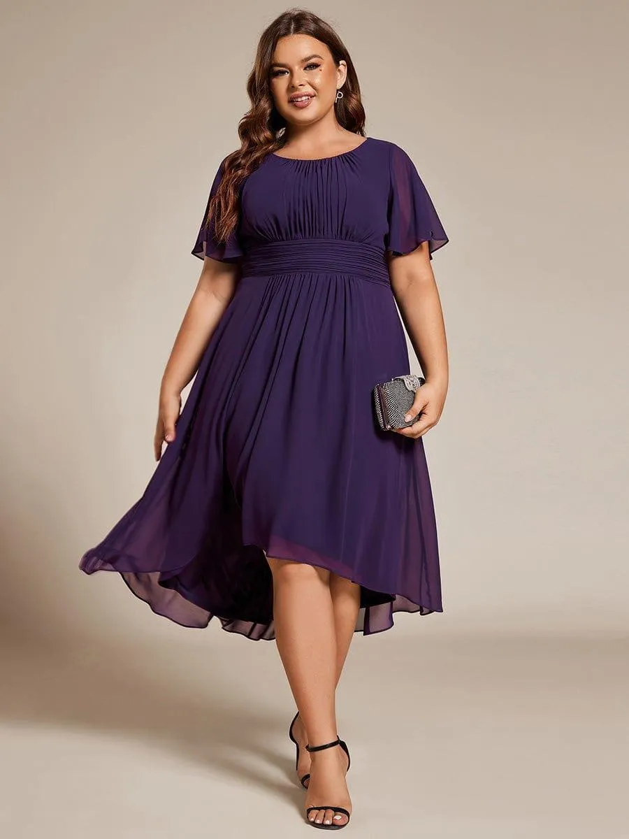 Plus Size Pleated Round Neckline A-Line Midi Chiffon Wedding Guest Dress