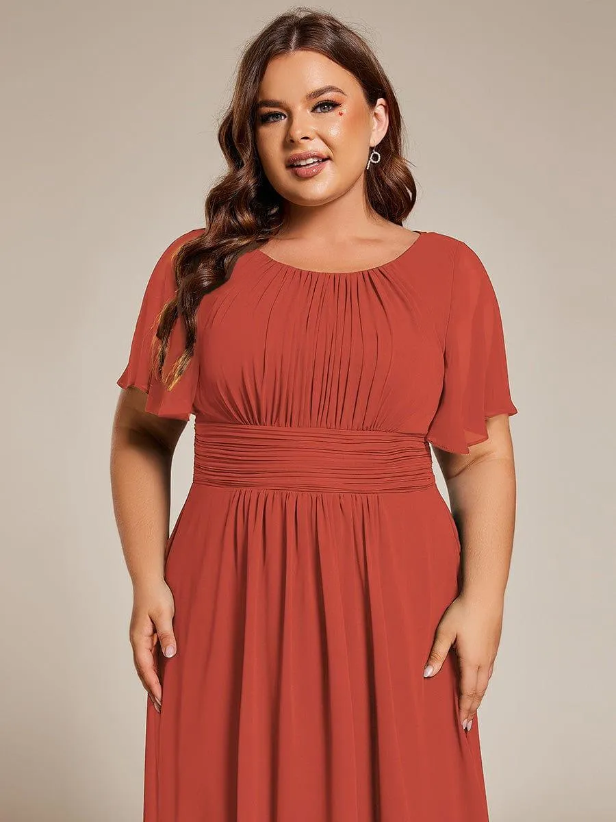 Plus Size Pleated Round Neckline A-Line Midi Chiffon Wedding Guest Dress