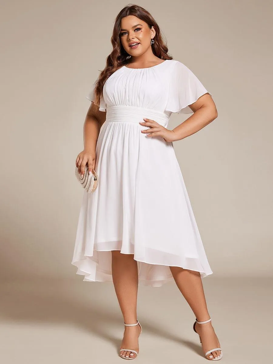 Plus Size Pleated Round Neckline A-Line Midi Chiffon Wedding Guest Dress