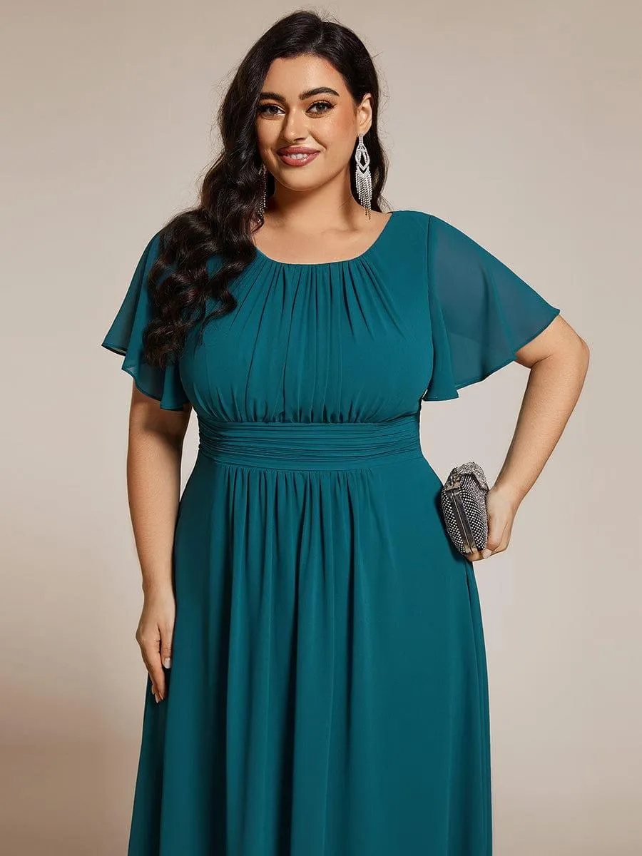 Plus Size Pleated Round Neckline A-Line Midi Chiffon Wedding Guest Dress