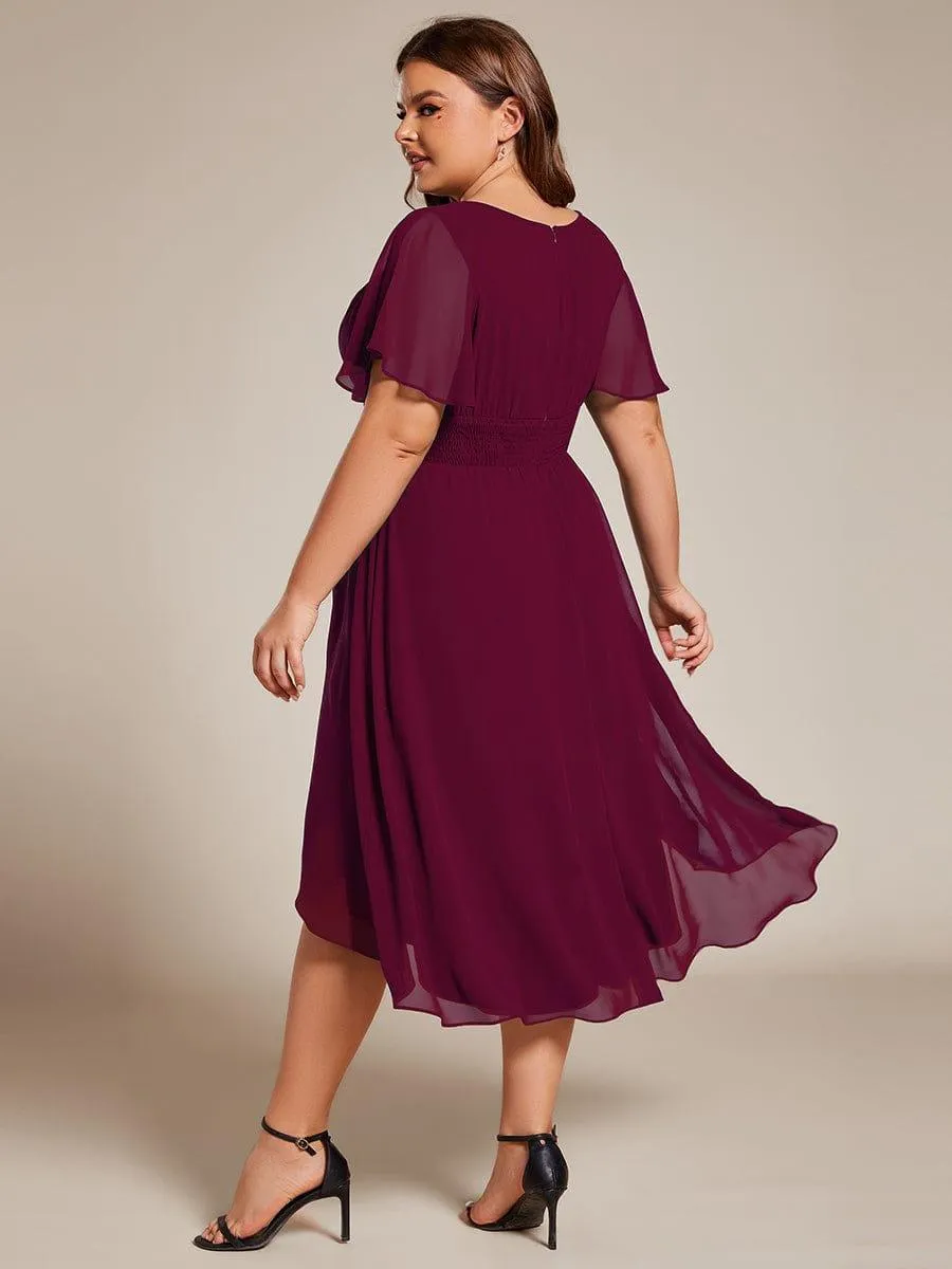 Plus Size Pleated Round Neckline A-Line Midi Chiffon Wedding Guest Dress