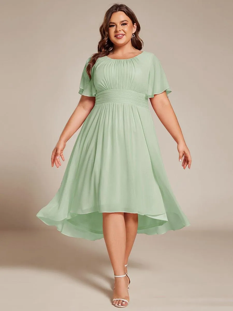 Plus Size Pleated Round Neckline A-Line Midi Chiffon Wedding Guest Dress