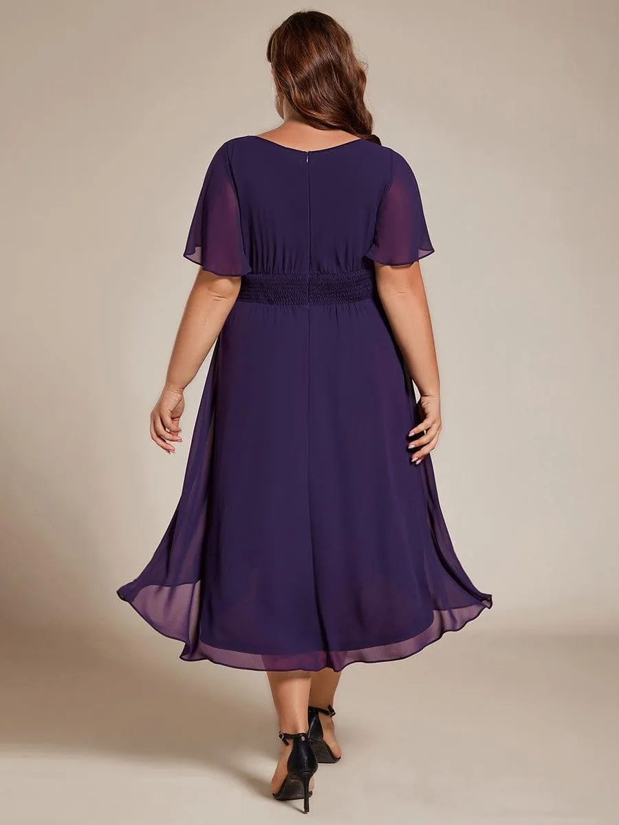 Plus Size Pleated Round Neckline A-Line Midi Chiffon Wedding Guest Dress