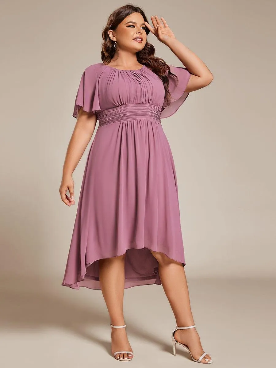 Plus Size Pleated Round Neckline A-Line Midi Chiffon Wedding Guest Dress