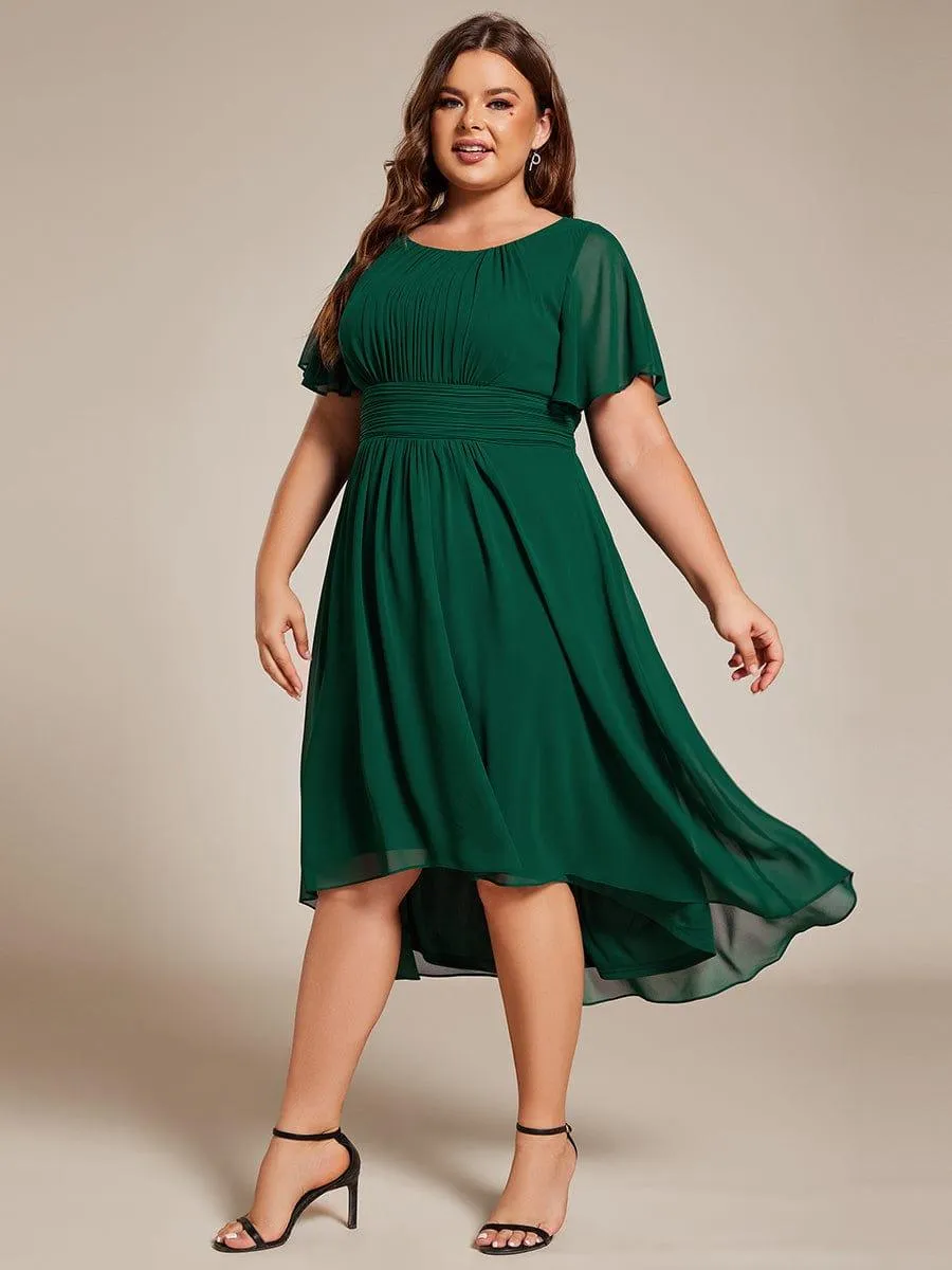 Plus Size Pleated Round Neckline A-Line Midi Chiffon Wedding Guest Dress