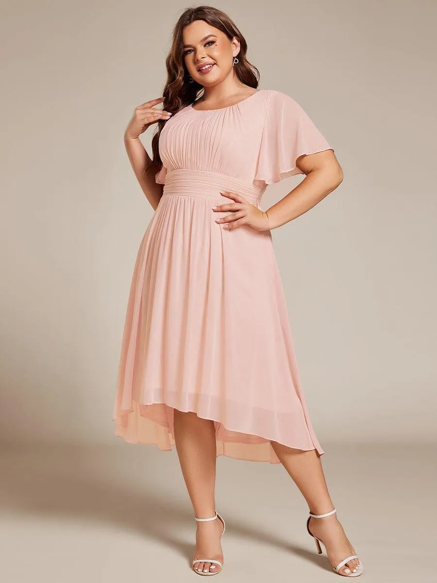 Plus Size Pleated Round Neckline A-Line Midi Chiffon Wedding Guest Dress