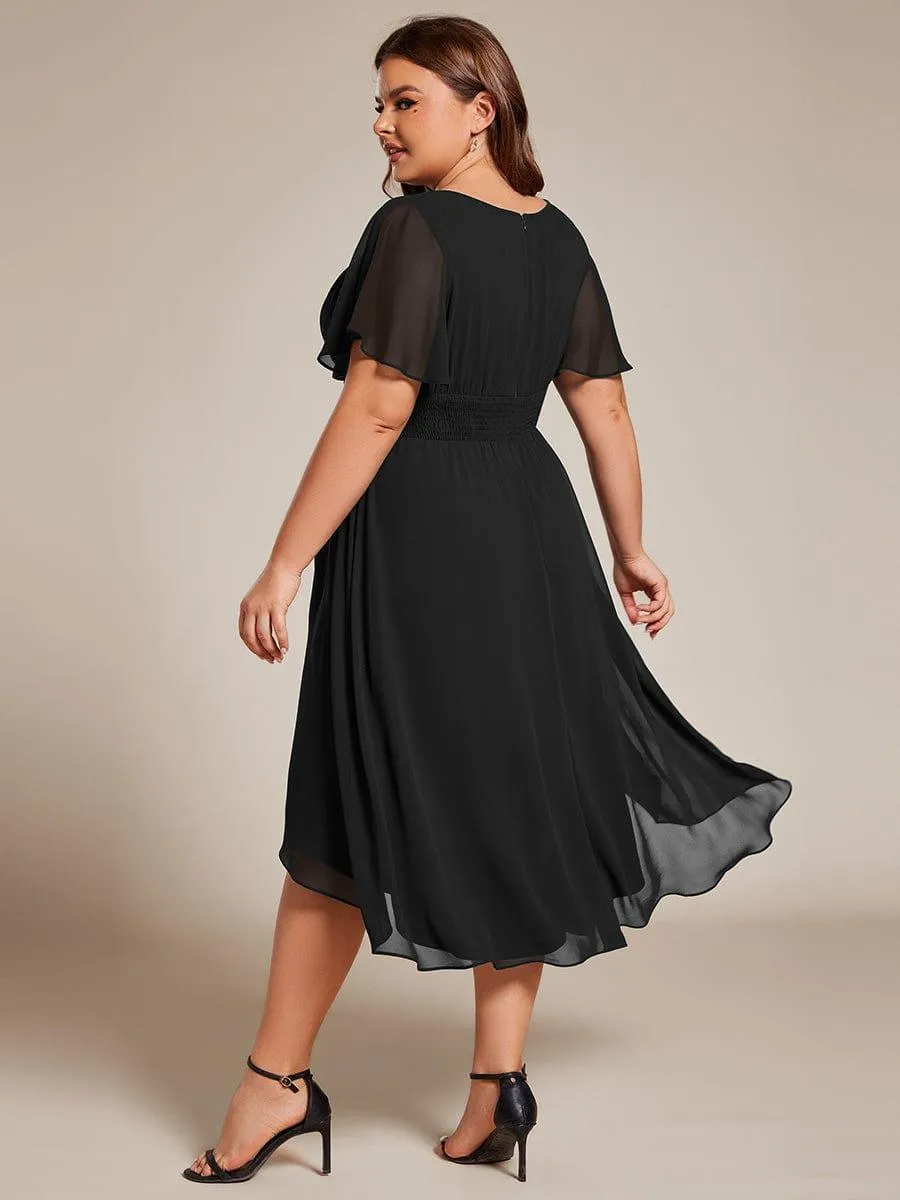 Plus Size Pleated Round Neckline A-Line Midi Chiffon Wedding Guest Dress