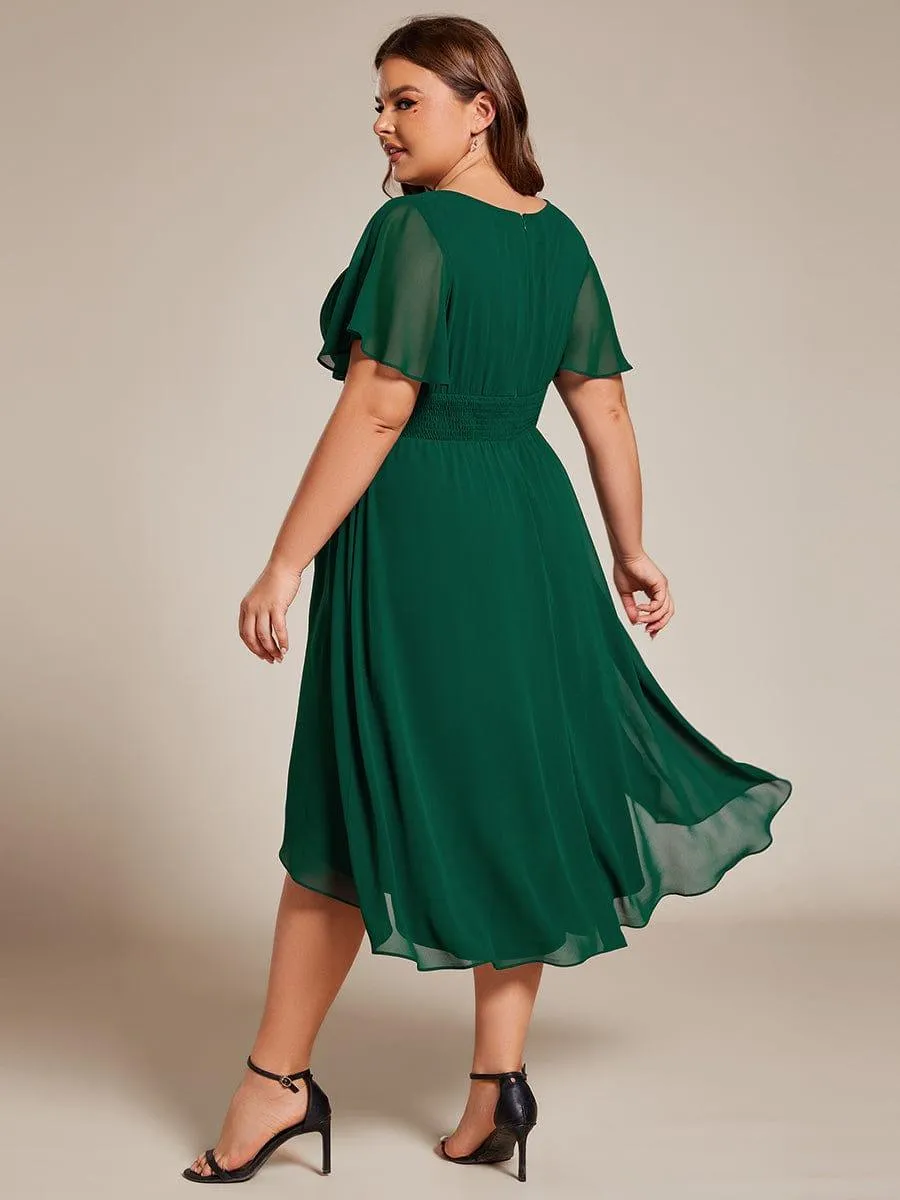 Plus Size Pleated Round Neckline A-Line Midi Chiffon Wedding Guest Dress