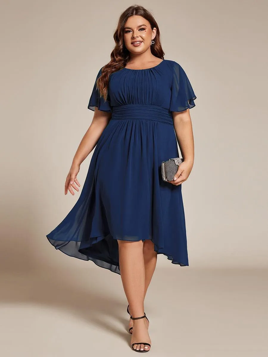 Plus Size Pleated Round Neckline A-Line Midi Chiffon Wedding Guest Dress