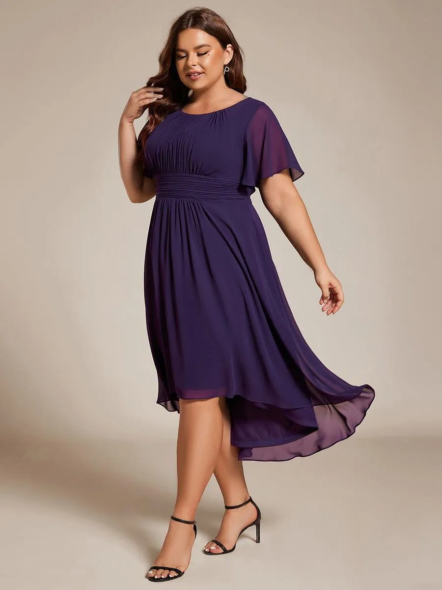 Plus Size Pleated Round Neckline A-Line Midi Chiffon Wedding Guest Dress