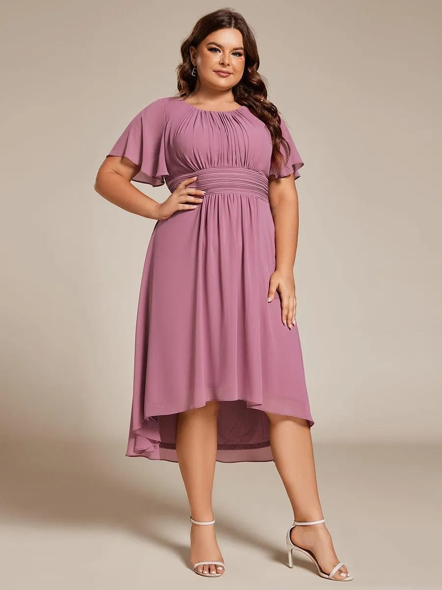 Plus Size Pleated Round Neckline A-Line Midi Chiffon Wedding Guest Dress