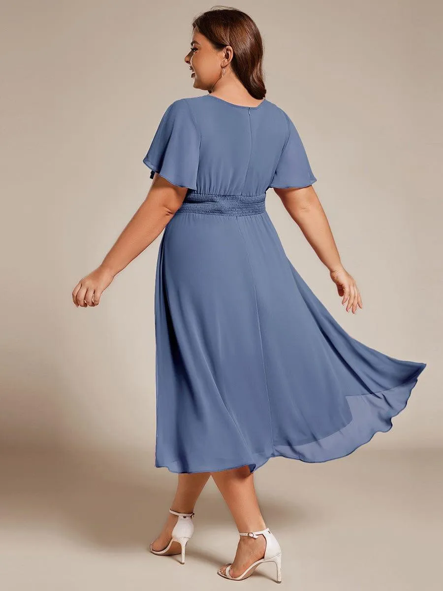 Plus Size Pleated Round Neckline A-Line Midi Chiffon Wedding Guest Dress