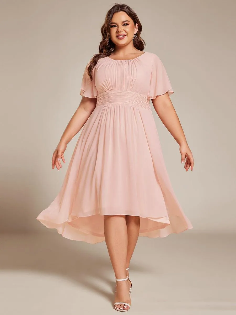 Plus Size Pleated Round Neckline A-Line Midi Chiffon Wedding Guest Dress