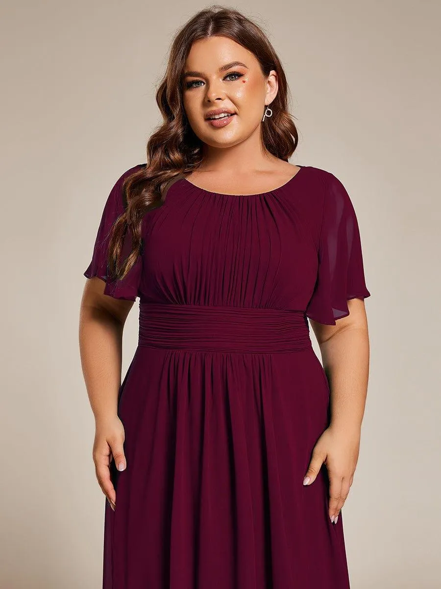 Plus Size Pleated Round Neckline A-Line Midi Chiffon Wedding Guest Dress