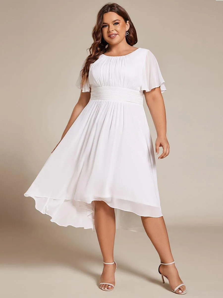 Plus Size Pleated Round Neckline A-Line Midi Chiffon Wedding Guest Dress