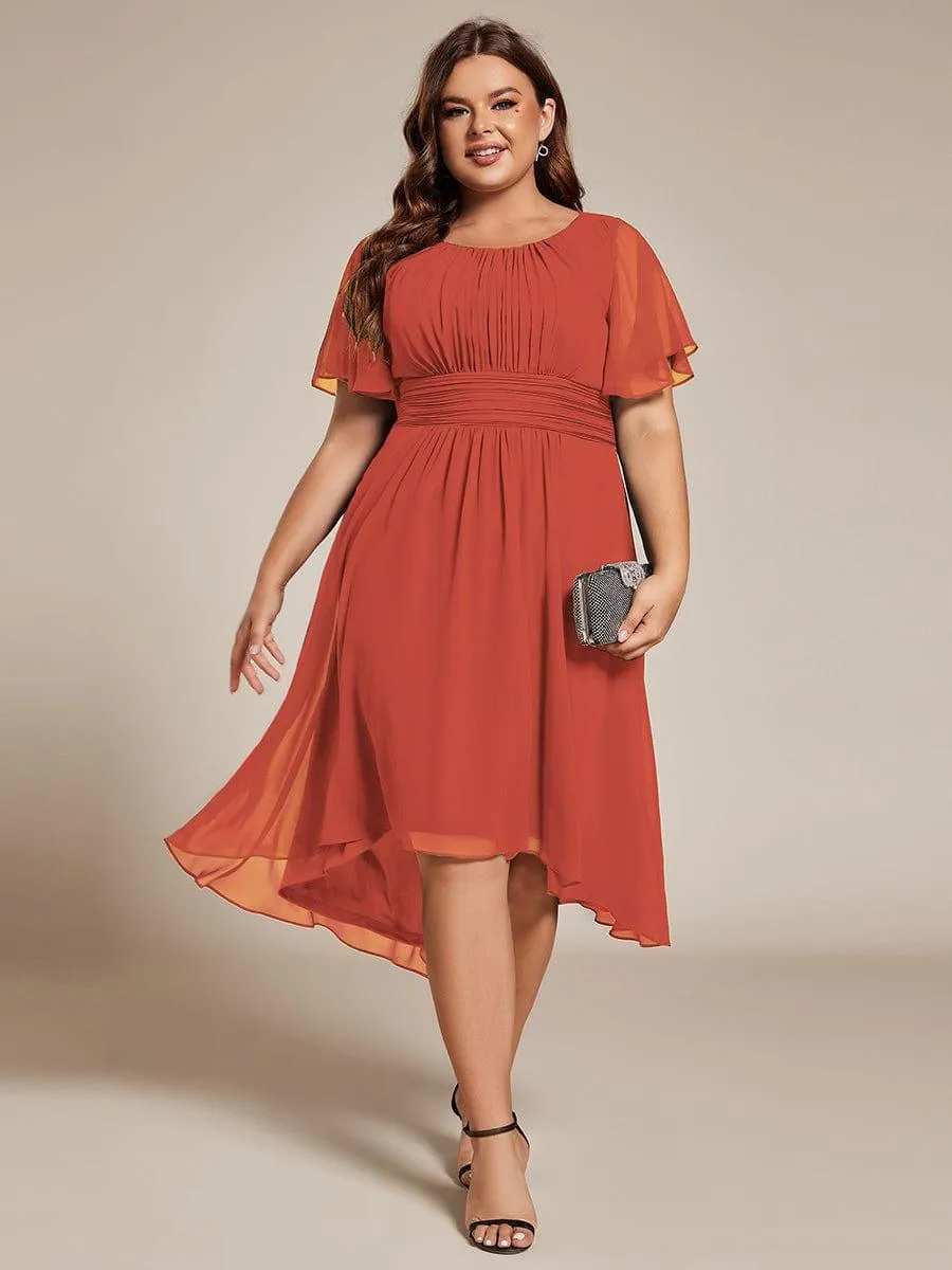 Plus Size Pleated Round Neckline A-Line Midi Chiffon Wedding Guest Dress