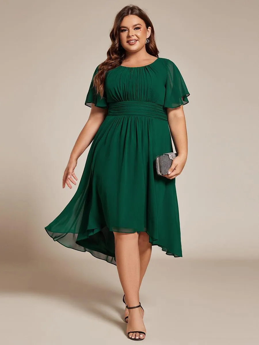 Plus Size Pleated Round Neckline A-Line Midi Chiffon Wedding Guest Dress
