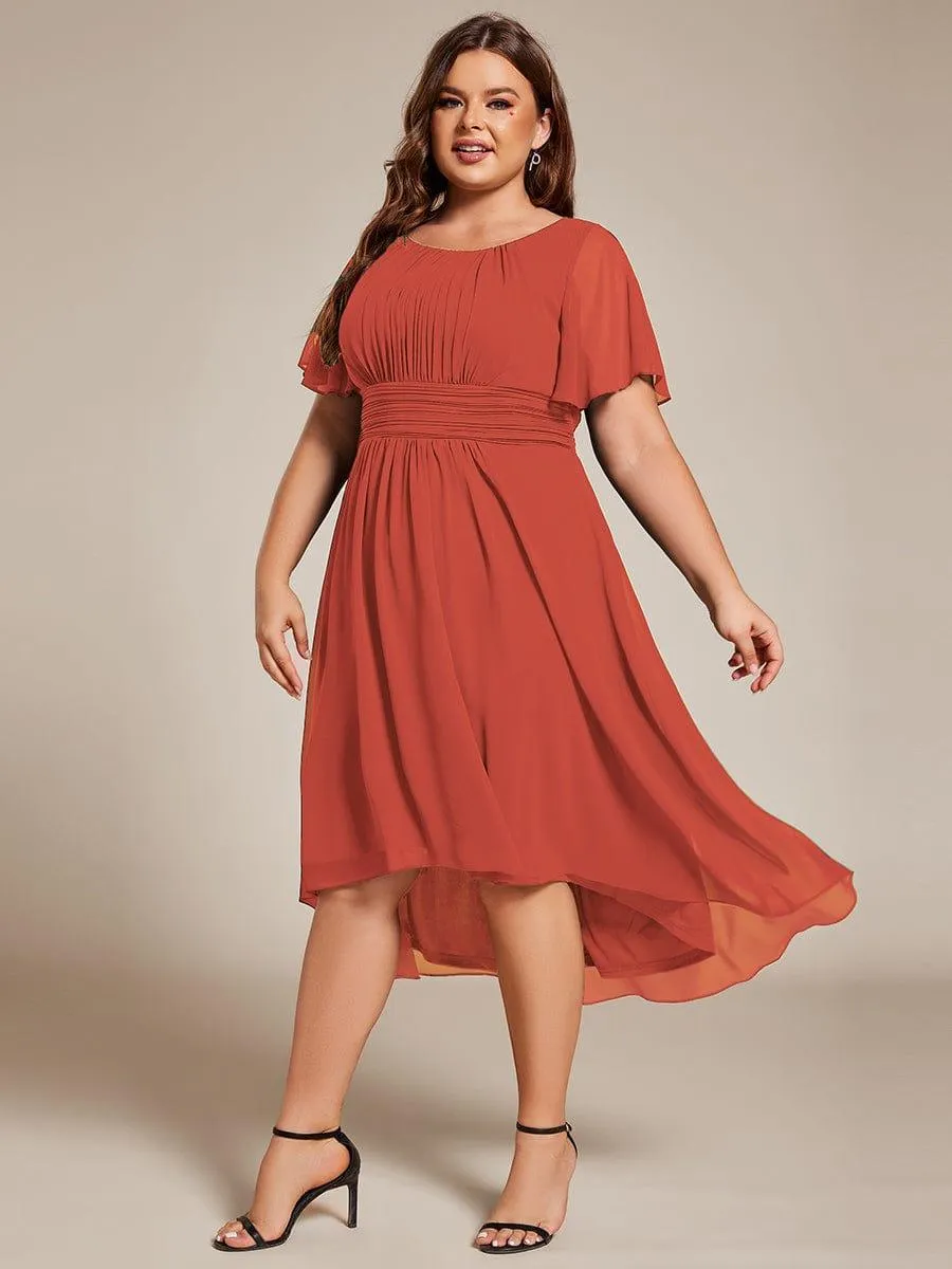 Plus Size Pleated Round Neckline A-Line Midi Chiffon Wedding Guest Dress