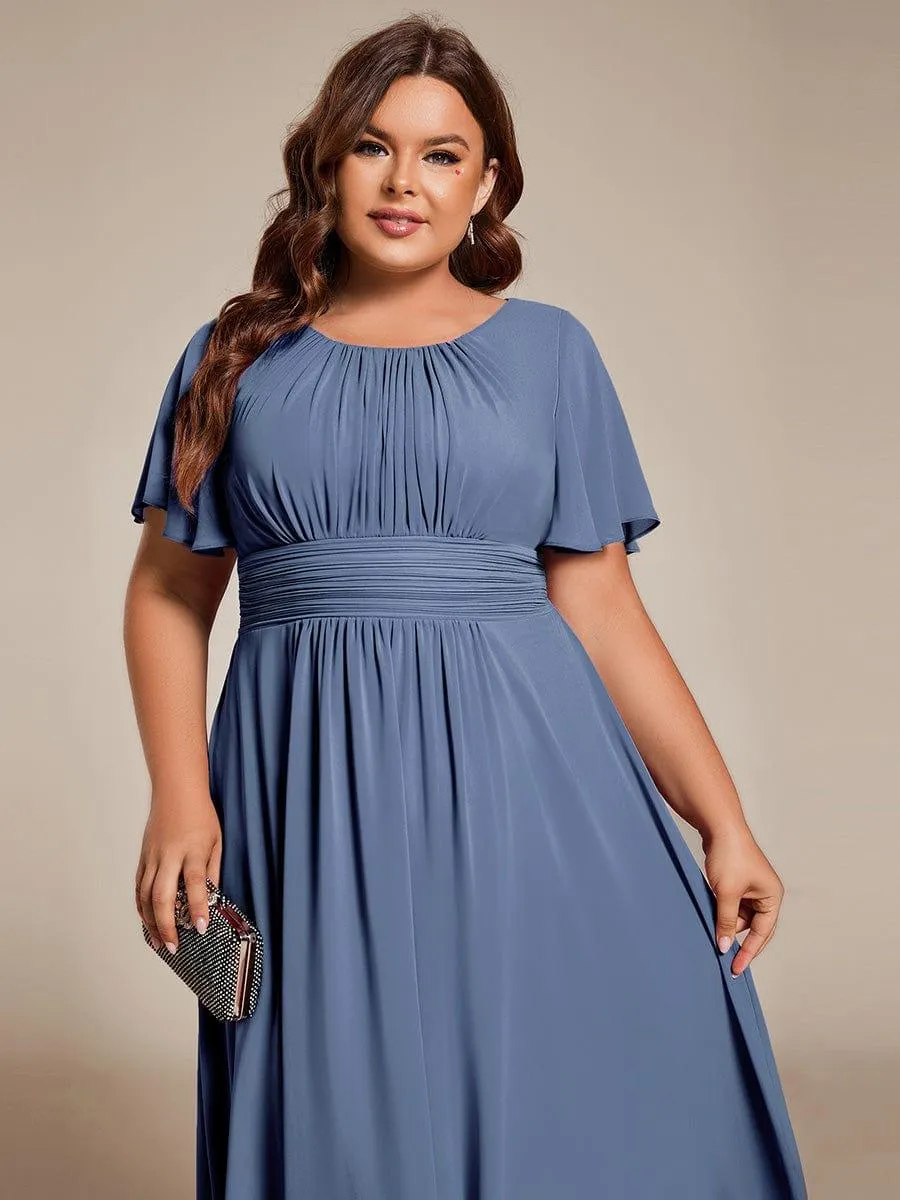 Plus Size Pleated Round Neckline A-Line Midi Chiffon Wedding Guest Dress