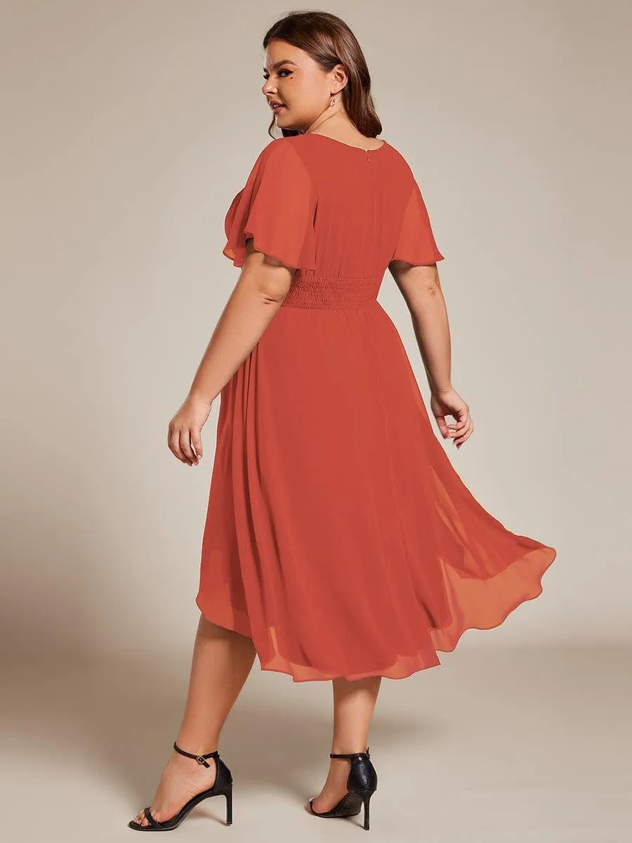 Plus Size Pleated Round Neckline A-Line Midi Chiffon Wedding Guest Dress