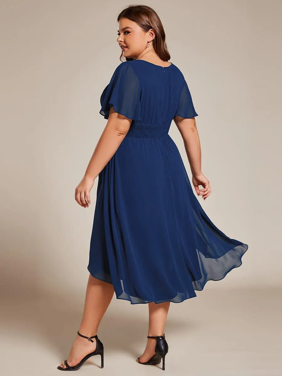 Plus Size Pleated Round Neckline A-Line Midi Chiffon Wedding Guest Dress