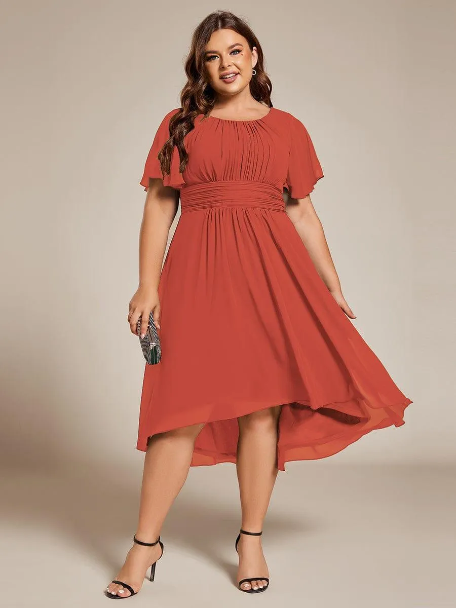 Plus Size Pleated Round Neckline A-Line Midi Chiffon Wedding Guest Dress