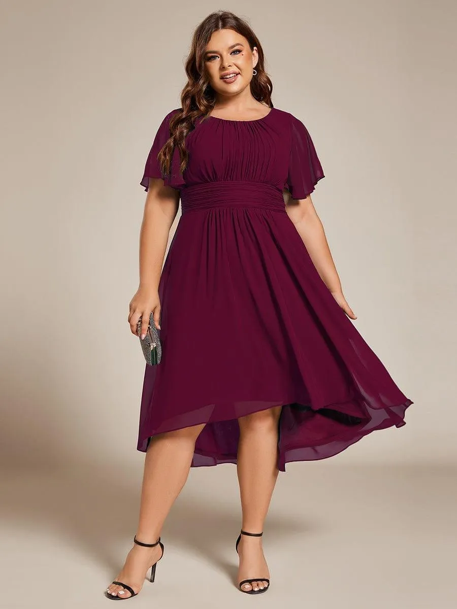 Plus Size Pleated Round Neckline A-Line Midi Chiffon Wedding Guest Dress