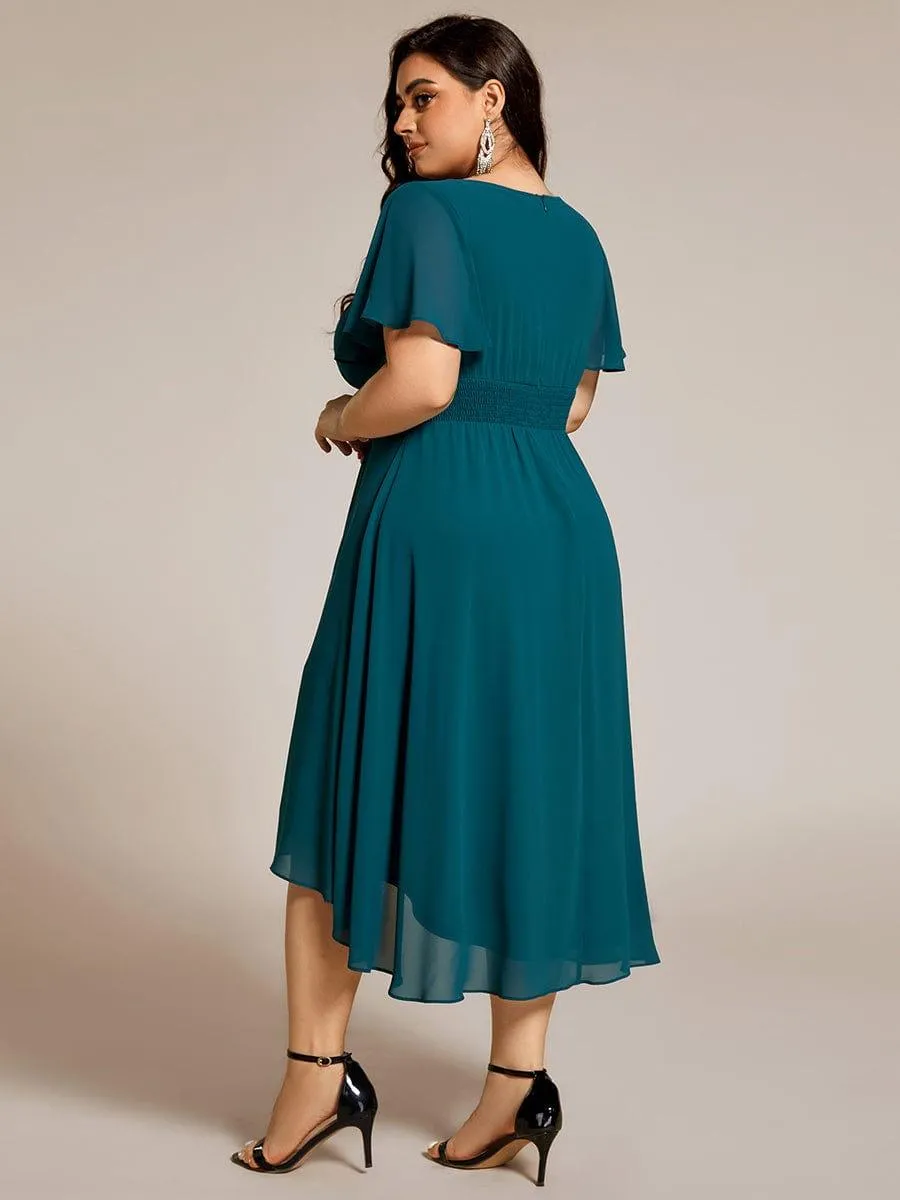 Plus Size Pleated Round Neckline A-Line Midi Chiffon Wedding Guest Dress