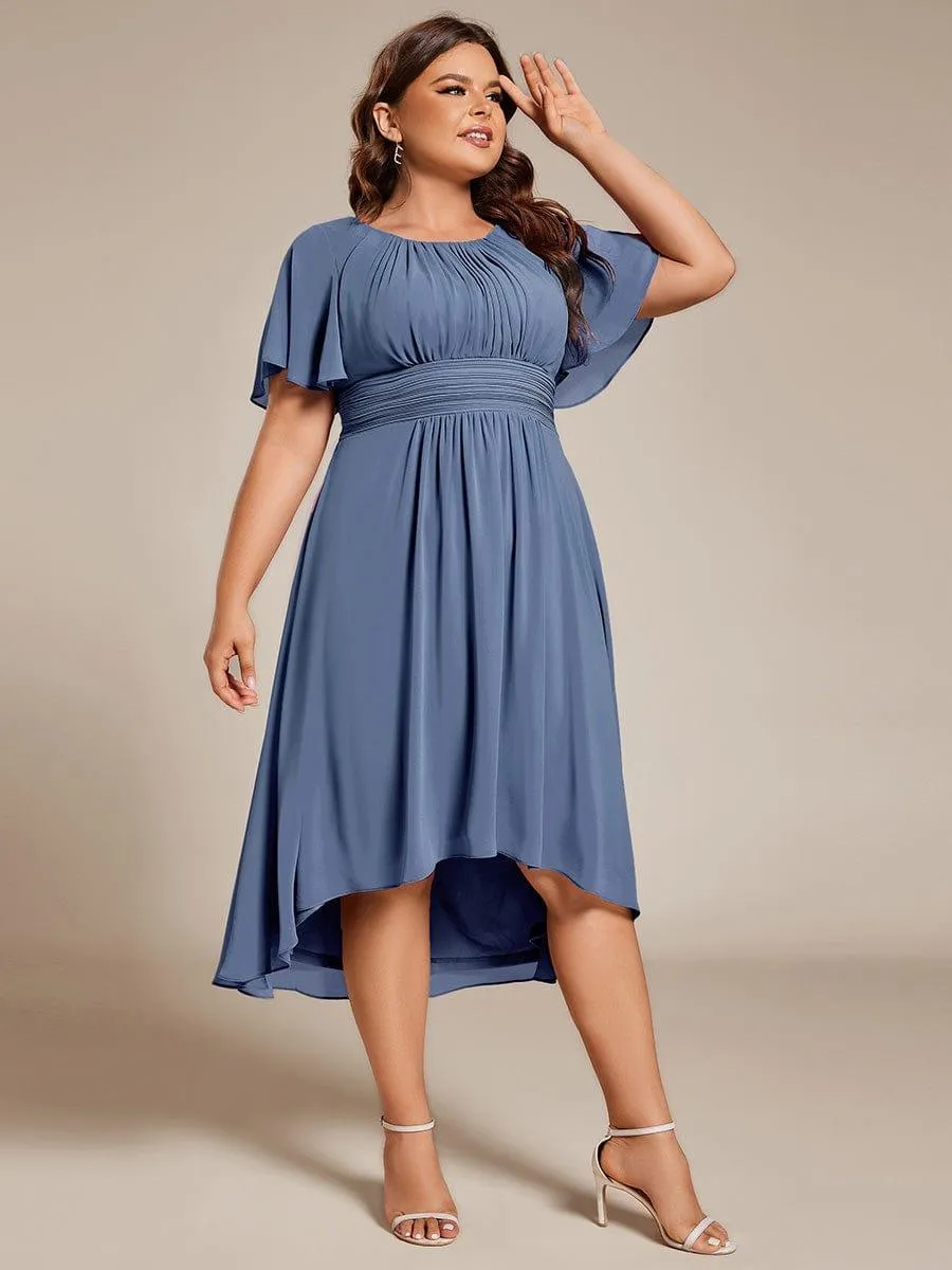 Plus Size Pleated Round Neckline A-Line Midi Chiffon Wedding Guest Dress